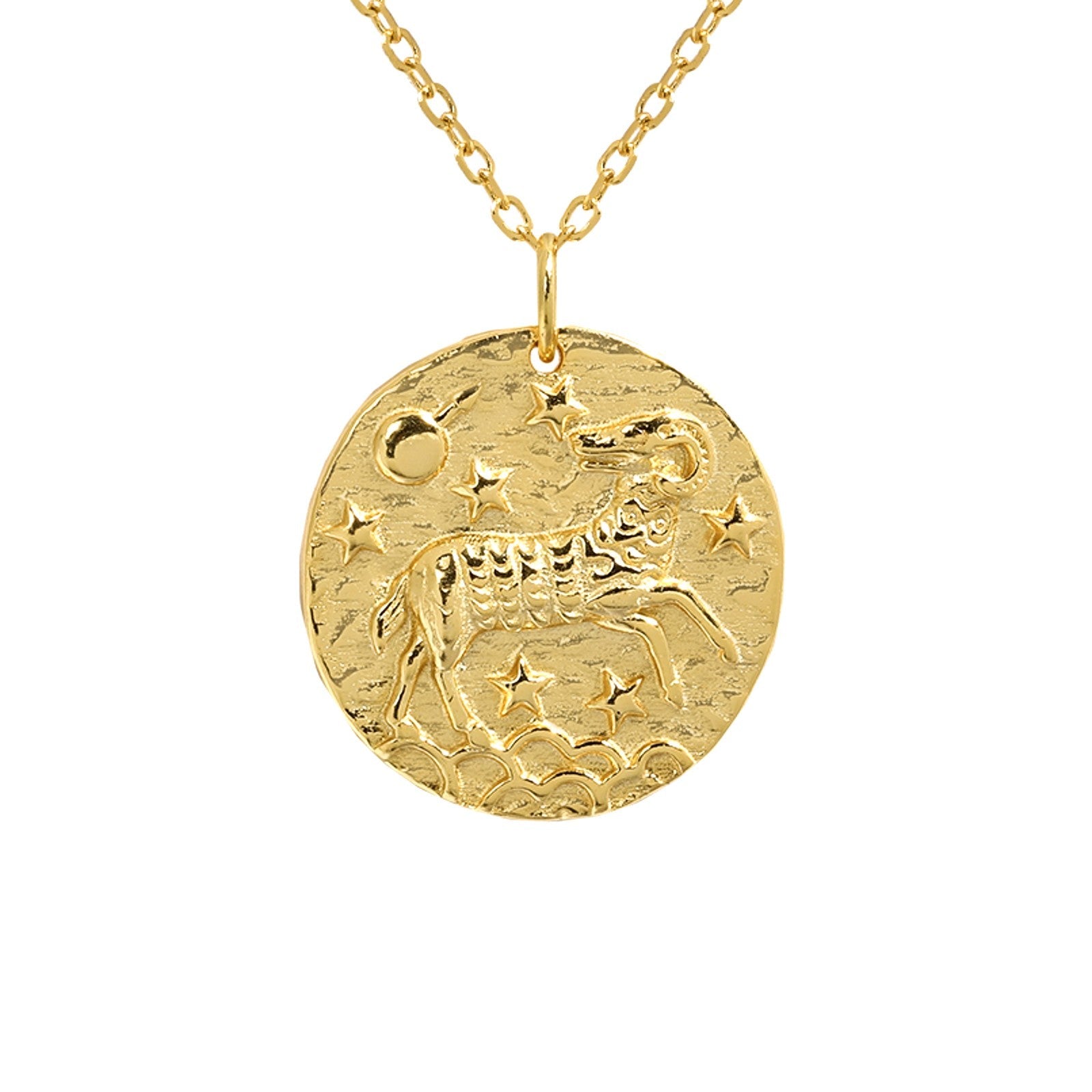 Collier doré avec pendentif Bélier en relief représentant le signe astrologique du Bélier entouré d’étoiles, suspendu à une fine chaîne en or. Idée cadeau femme.